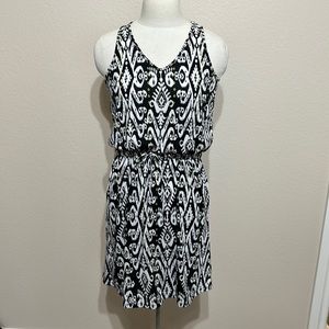 Dress. Sleeveless, summer, bold Ikat print. Soft comfy knit